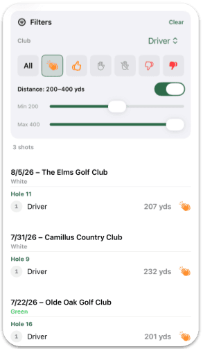Filtered list of shots by club and distance
